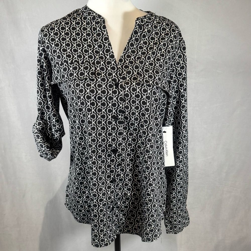Calvin Klein black and white logo branded long roll tab sleeve top small NWT